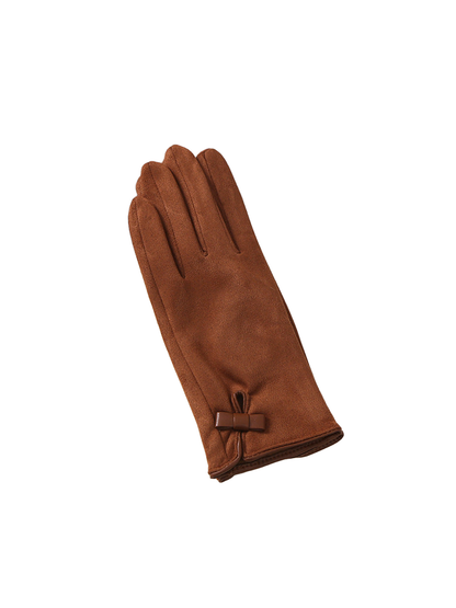 Brown gloves with extended cuffs and small bow details