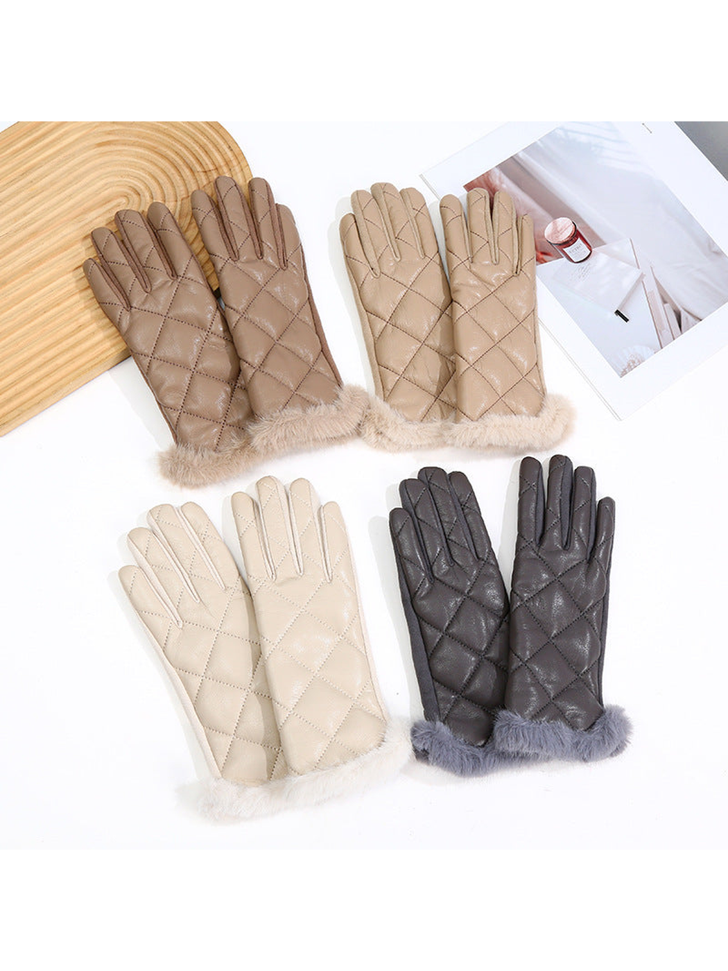 Ivory, black, caramel and khaki quilted gloves with fuzzy cuffs