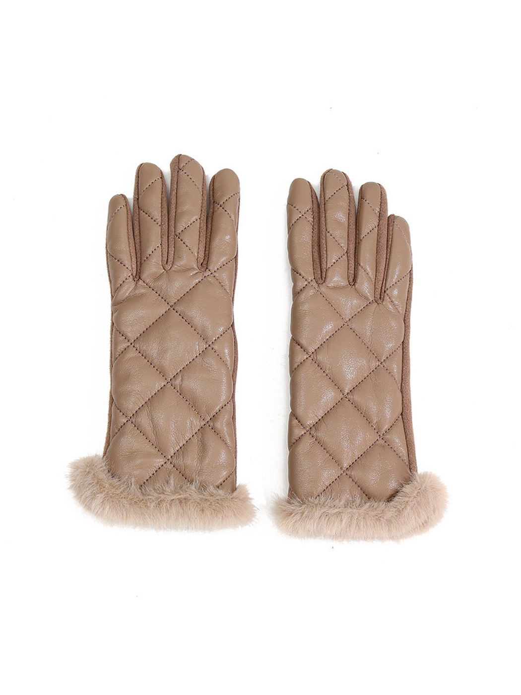 Caramel quilted gloves with fuzzy cuffs, back view