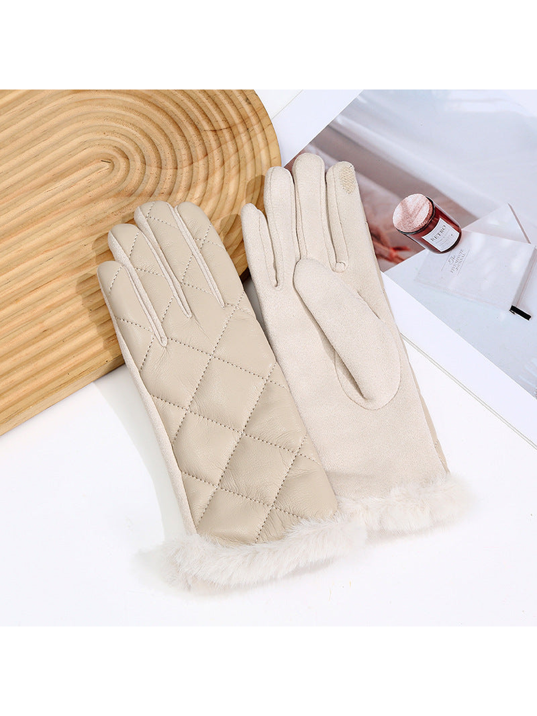 Ivory quilted gloves with fuzzy cuffs, back and palm views