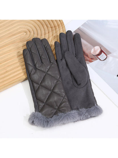 Black quilted gloves with gray fuzzy cuffs, back and palm views