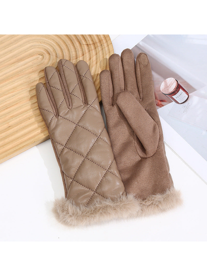 Caramel quilted gloves with fuzzy cuffs, back and palm views