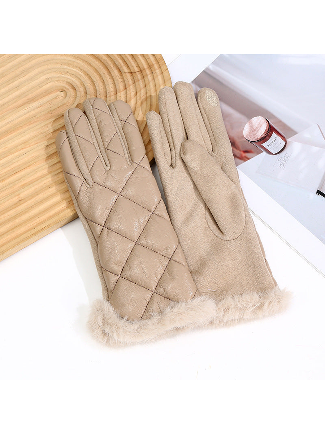 Khaki quilted gloves with fuzzy cuffs, back and palm views
