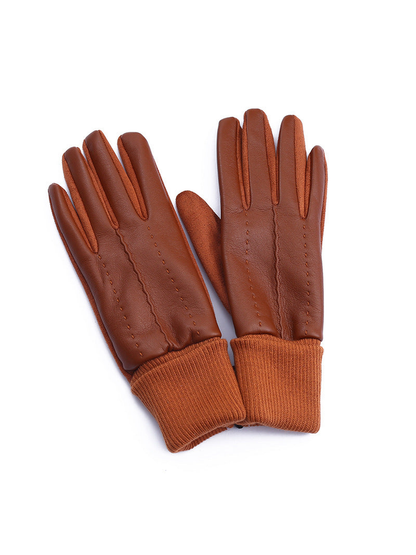 Brown five-finger gloves with ribbed cuffs on a white background