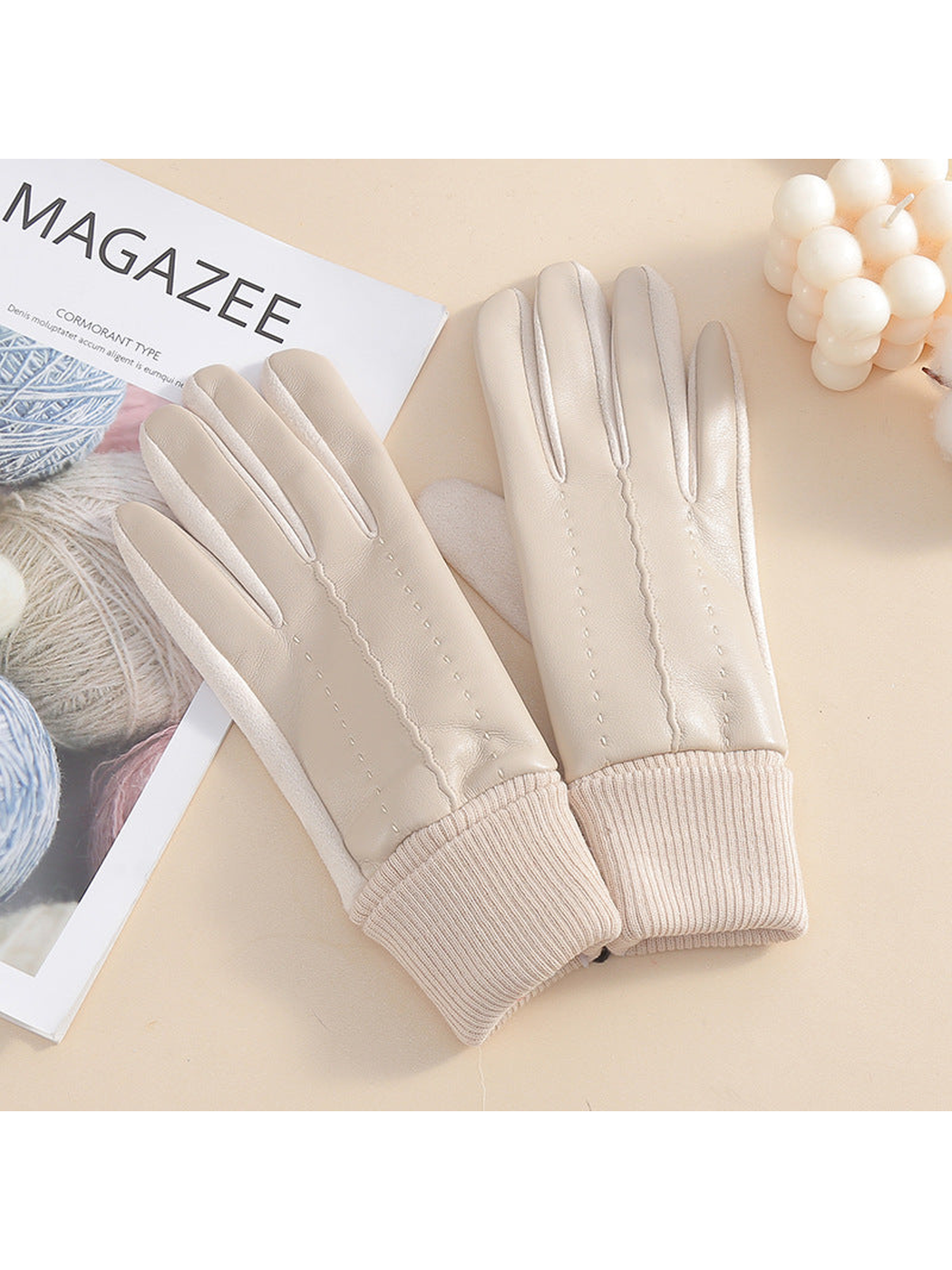 Ivory five-finger gloves with ribbed cuffs