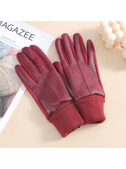 Burgundy five-finger gloves with ribbed cuffs