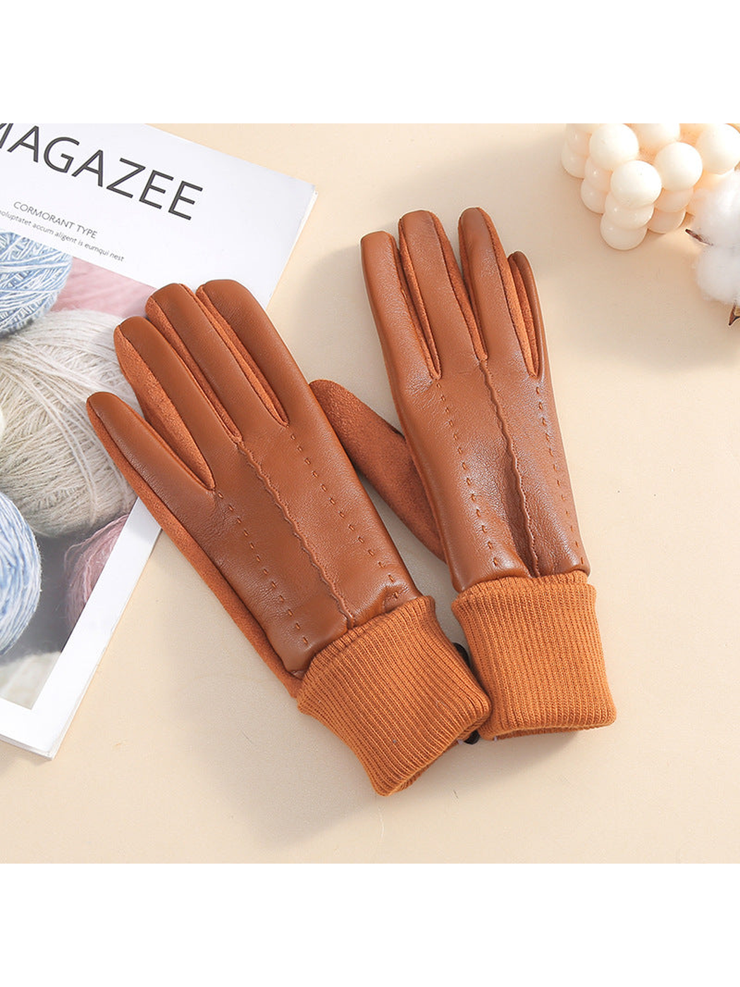 Chocolate brown five-finger gloves with ribbed cuffs