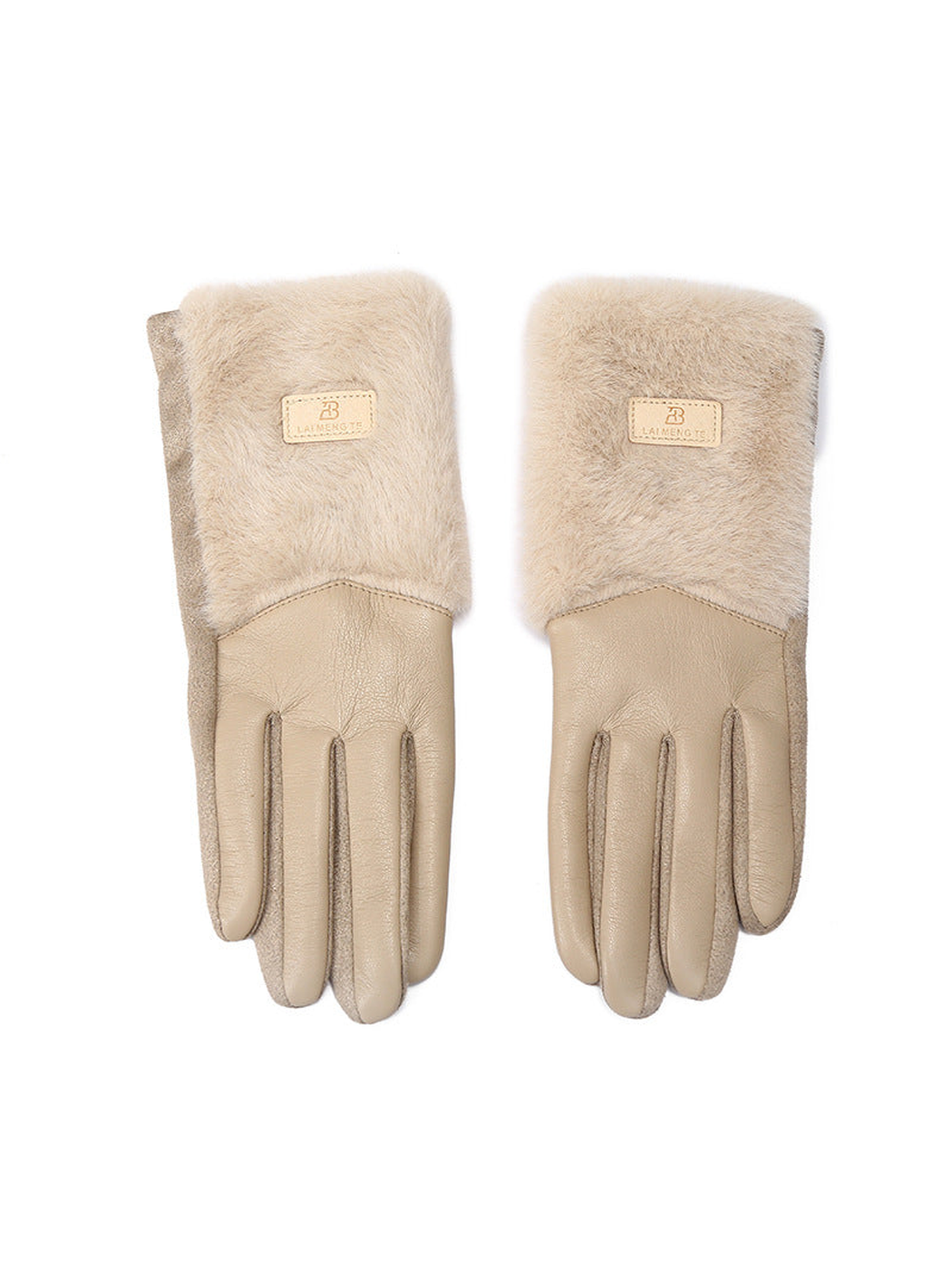 Beige five-finger gloves with fuzzy extended cuffs, front view