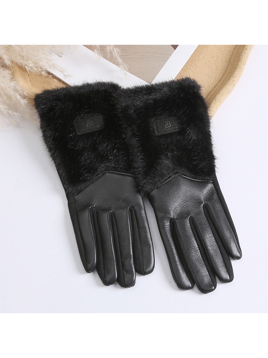 Black five-finger gloves with fuzzy extended cuffs