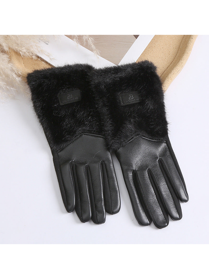 Black five-finger gloves with fuzzy extended cuffs