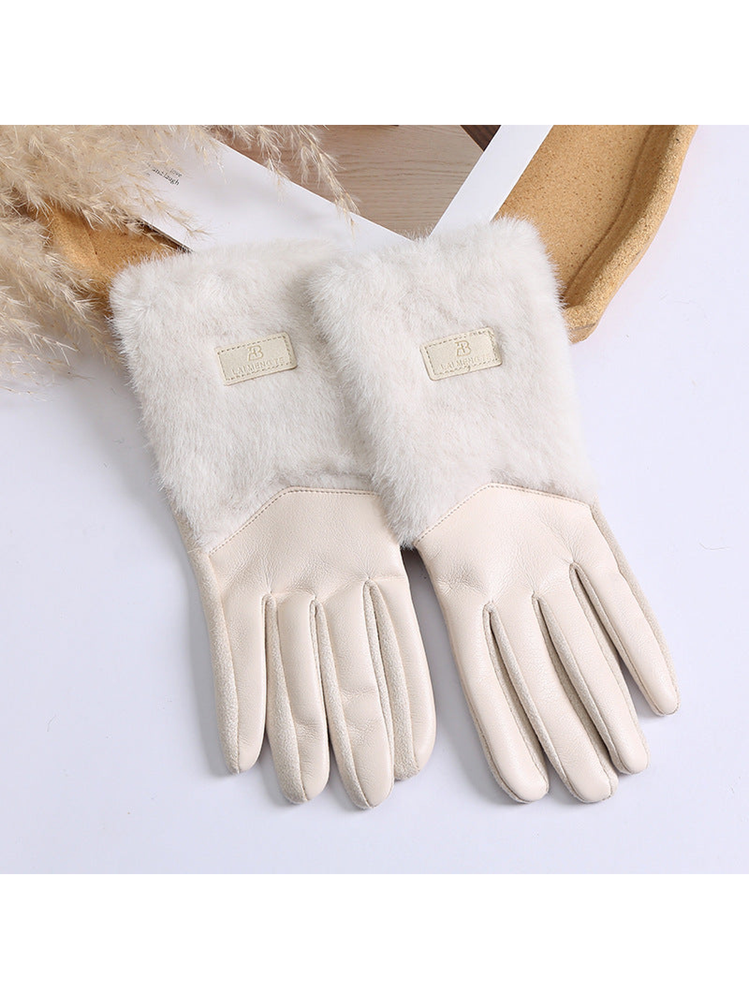 White five-finger gloves with fuzzy extended cuffs