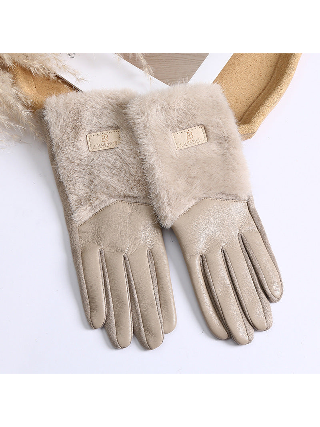 Light beige five-finger gloves with fuzzy extended cuffs