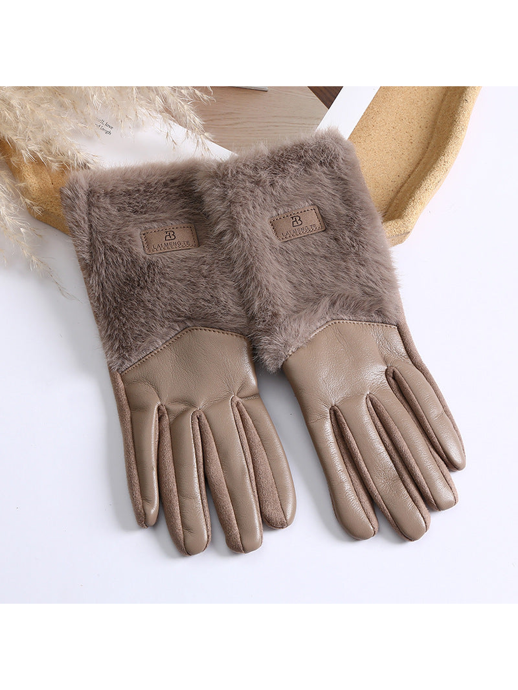 Brown five-finger gloves with fuzzy extended cuffs