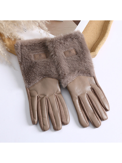 Brown five-finger gloves with fuzzy extended cuffs