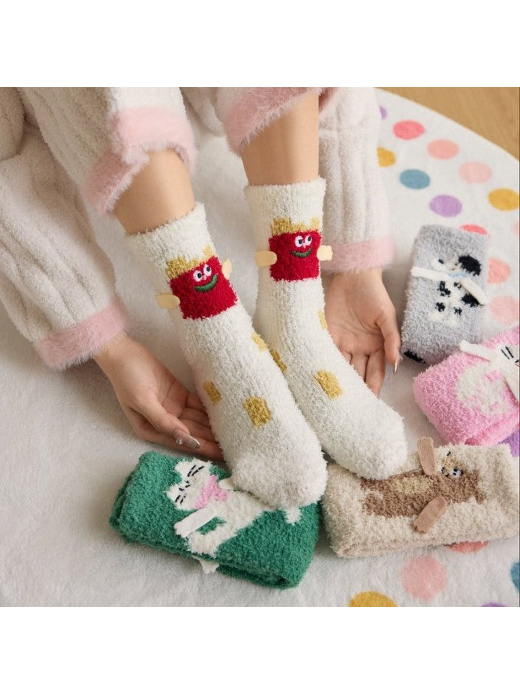 White character crew socks worn with the other colorful styles arranged nearby