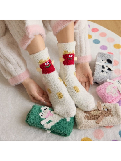 White character crew socks worn with the other colorful styles arranged nearby