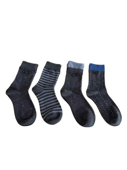 Four dark gray crew sock styles with blue accents on a white background