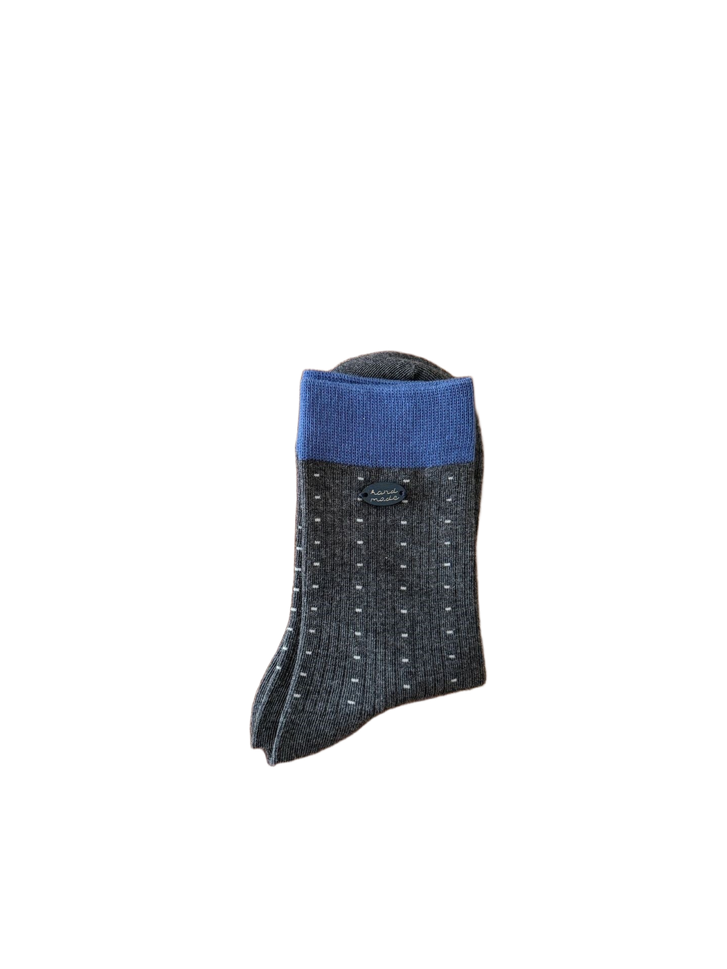 Dark gray crew socks with small light dots and a blue cuff