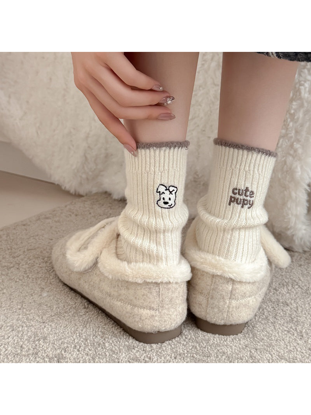 Brown contrast-trim crew socks with puppy motifs worn with plush shoes