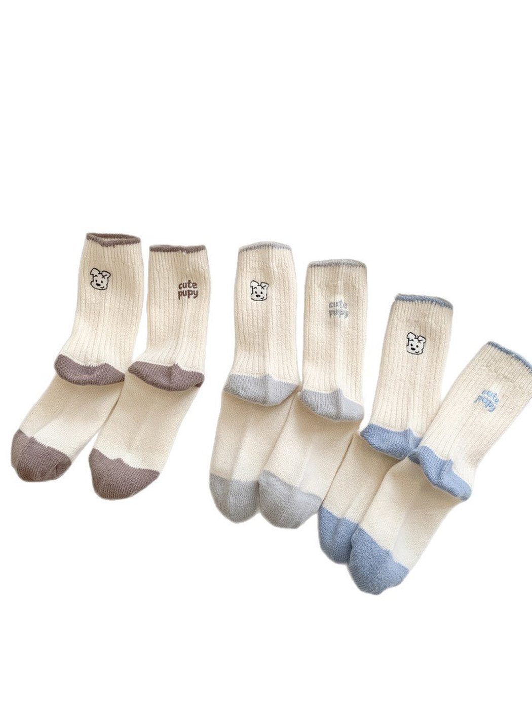 Brown, gray and blue contrast-trim puppy-motif crew socks displayed together