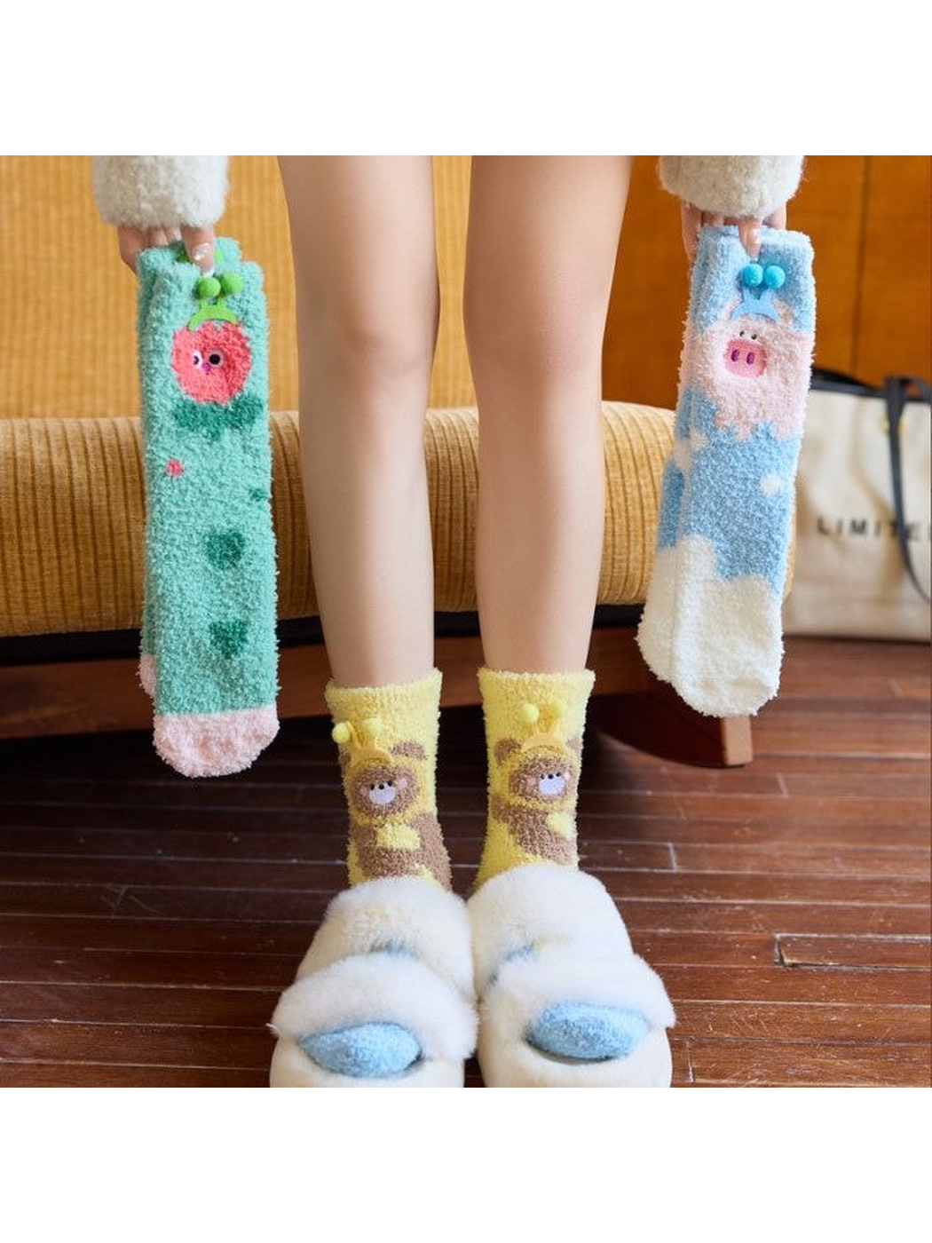 Yellow character socks worn with green and blue styles held alongside