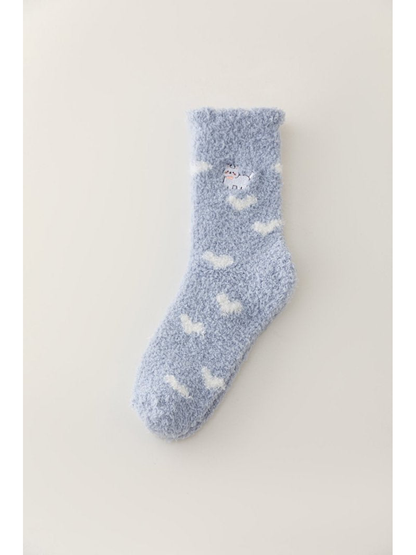 Light blue fuzzy crew sock with white cloud accents and an embroidered cat, full view