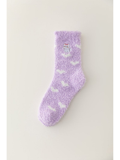 Light purple fuzzy crew sock with white cloud accents and an embroidered cat, full view