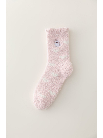 Light pink fuzzy crew sock with white cloud accents and an embroidered cat, full view