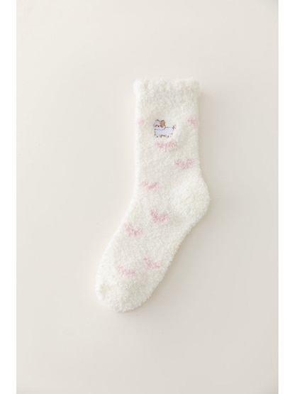 Ivory fuzzy crew sock with pink cloud accents and an embroidered cat, full view