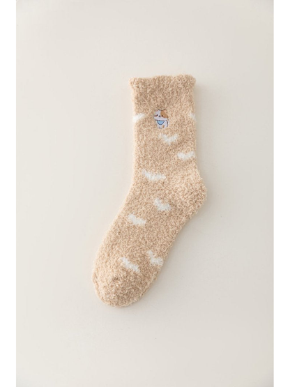 Beige fuzzy crew sock with white cloud accents and an embroidered cat, full view