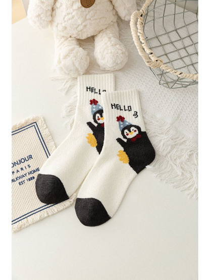 Ivory crew socks with waving penguin graphics and dark heels and toes