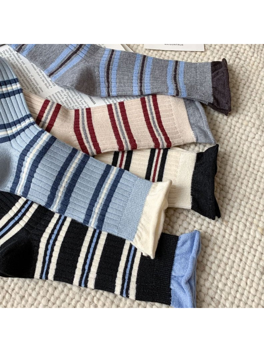 Close view of striped crew socks in five color combinations