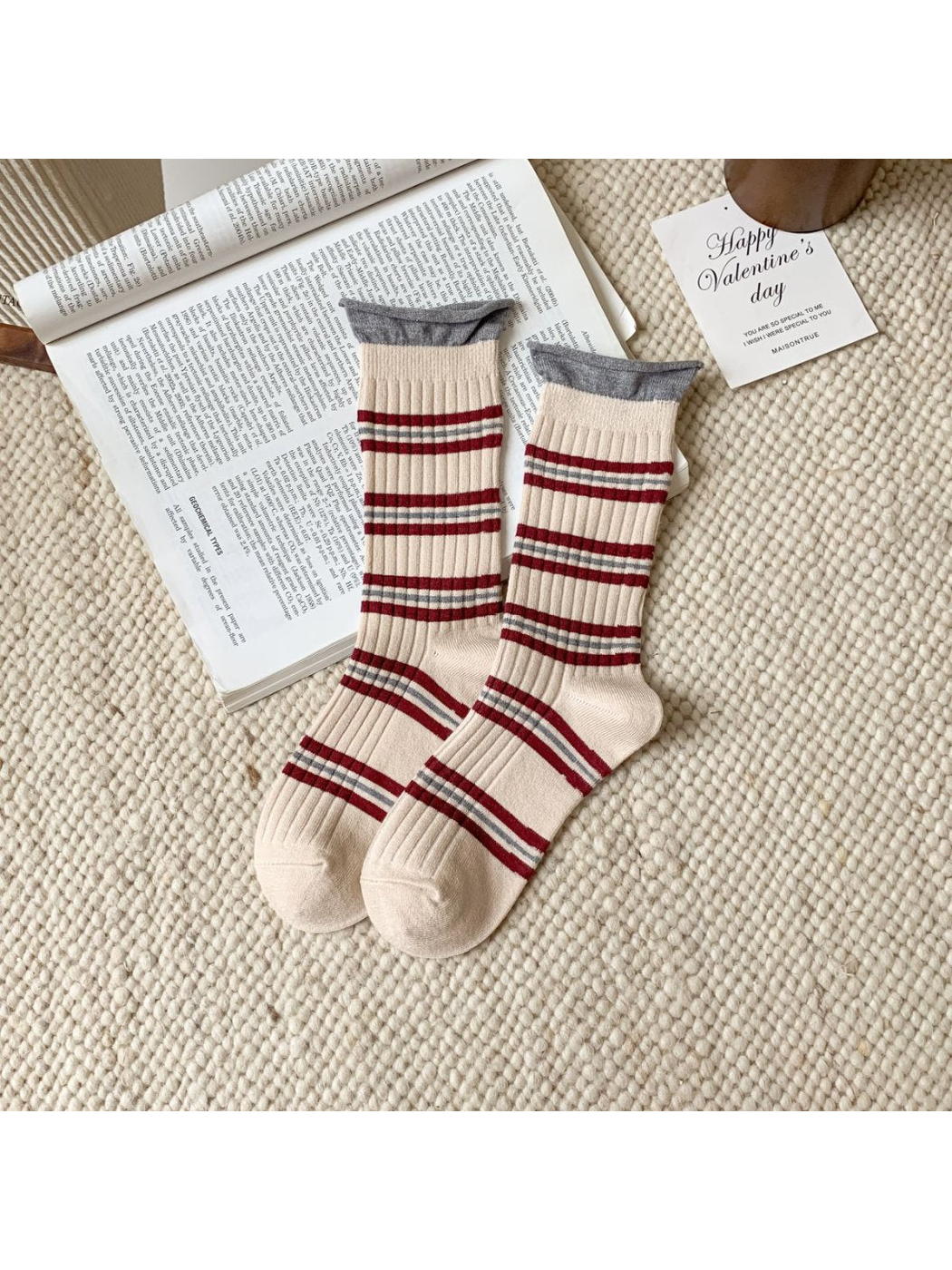 Beige ribbed crew socks with burgundy and gray stripes