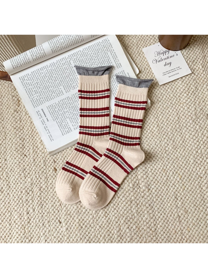Beige ribbed crew socks with burgundy and gray stripes