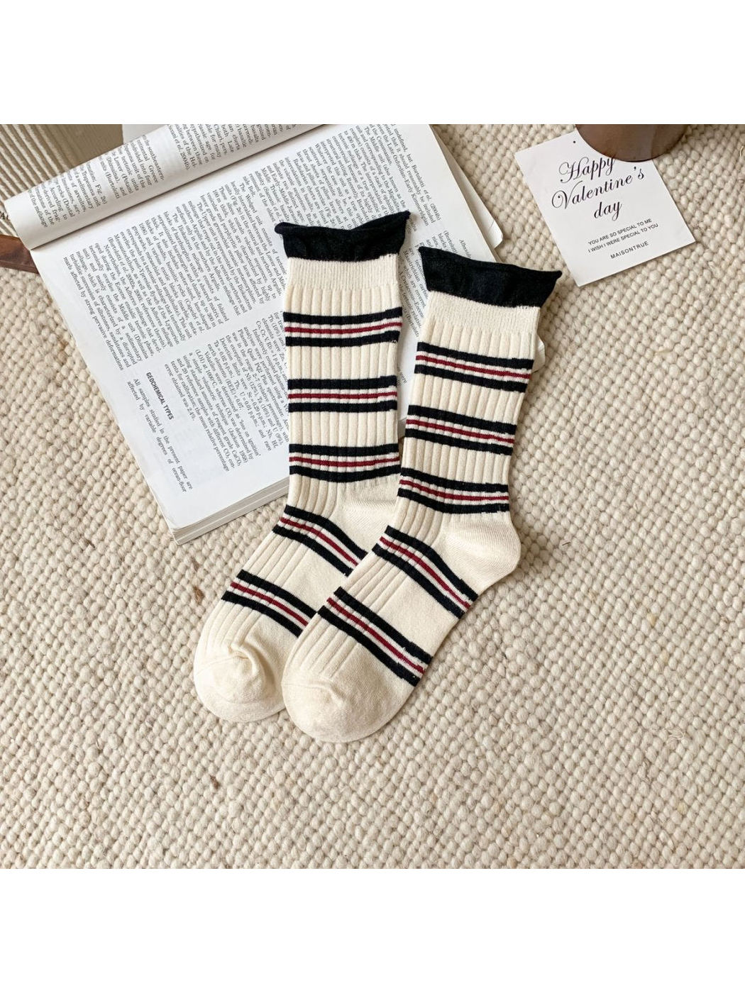 Ivory ribbed crew socks with black and burgundy stripes