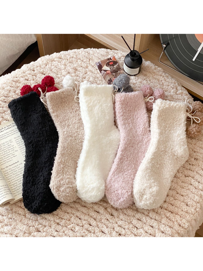 Fuzzy pom-pom socks in black, beige, white, pink and ivory