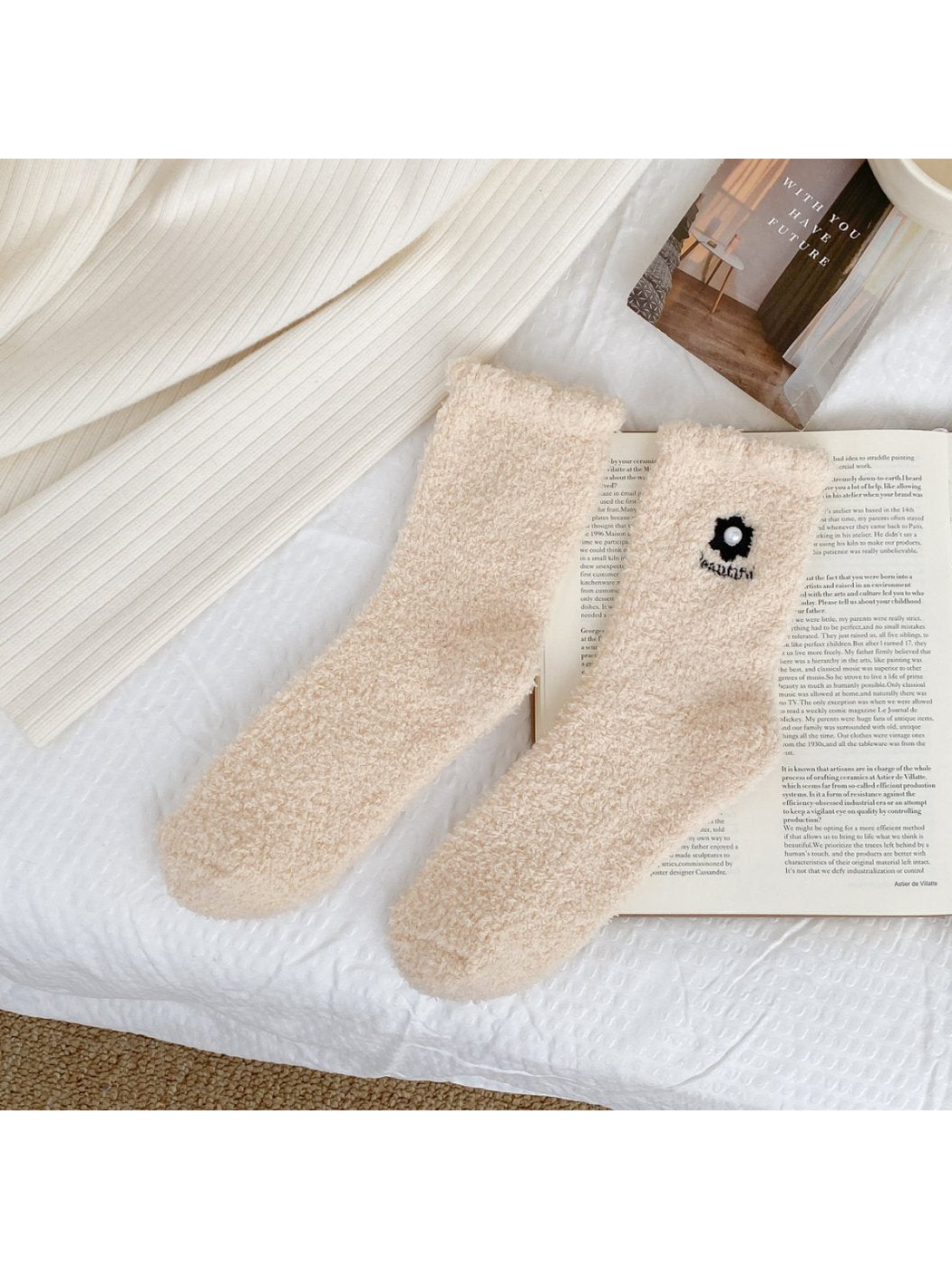 Pale beige fuzzy crew socks with flower embroidery