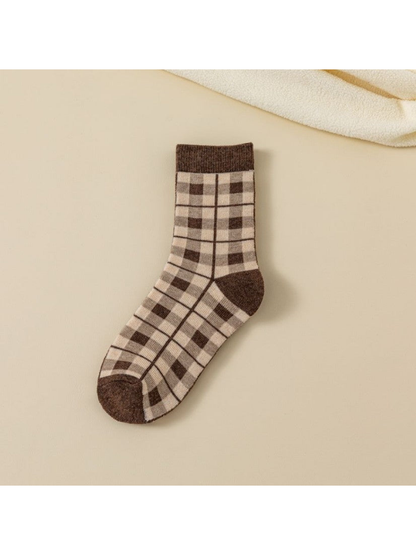 Beige and brown plaid crew sock with contrasting cuff, heel and toe