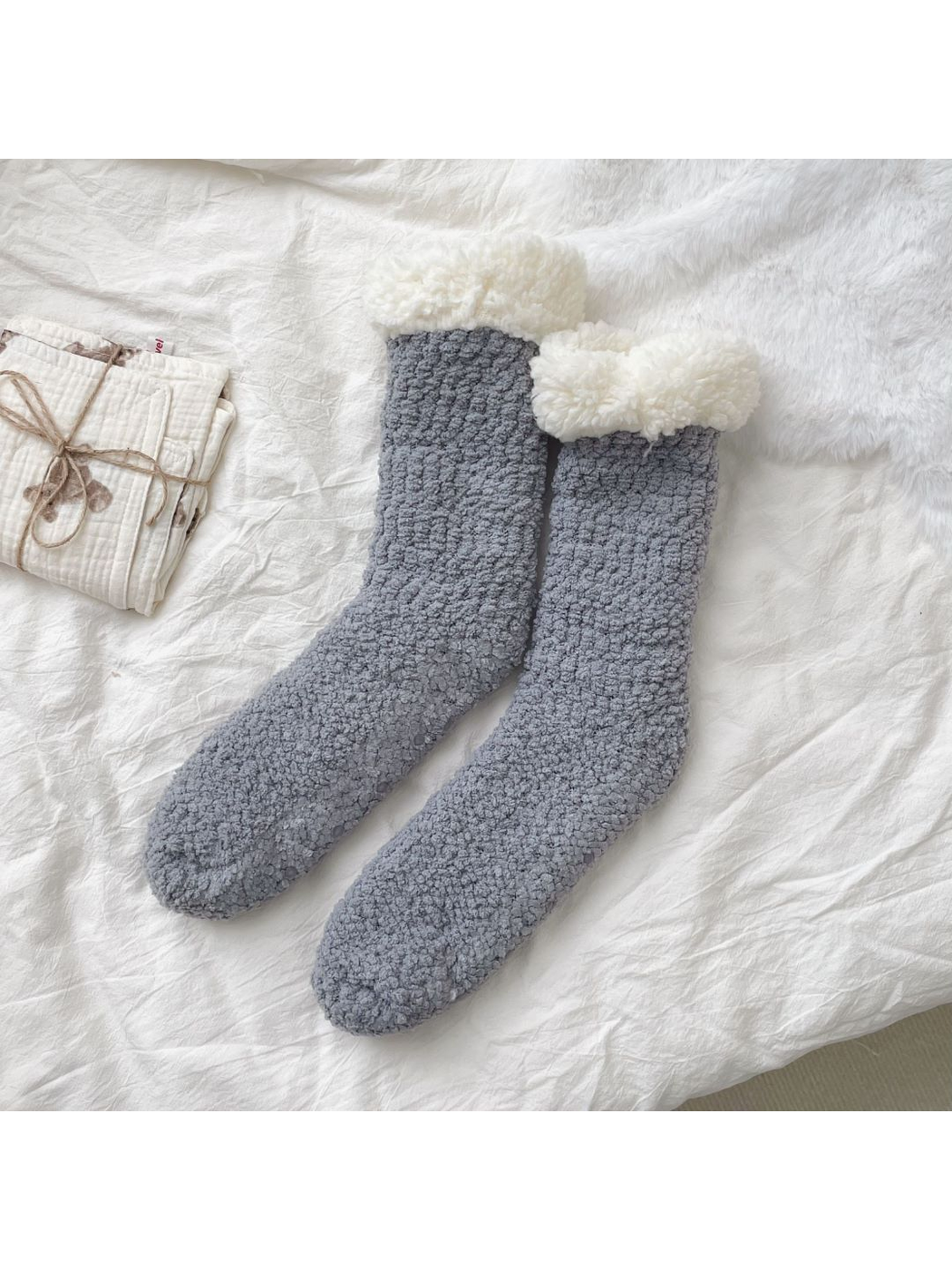 Gray fuzzy crew socks with contrasting ivory folded cuffs