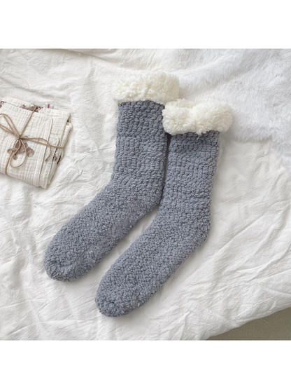 Gray fuzzy crew socks with contrasting ivory folded cuffs