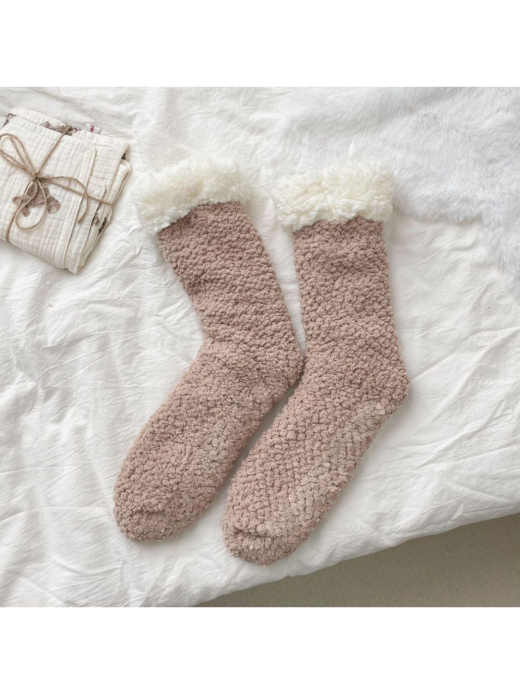 Greige fuzzy crew socks with contrasting ivory folded cuffs