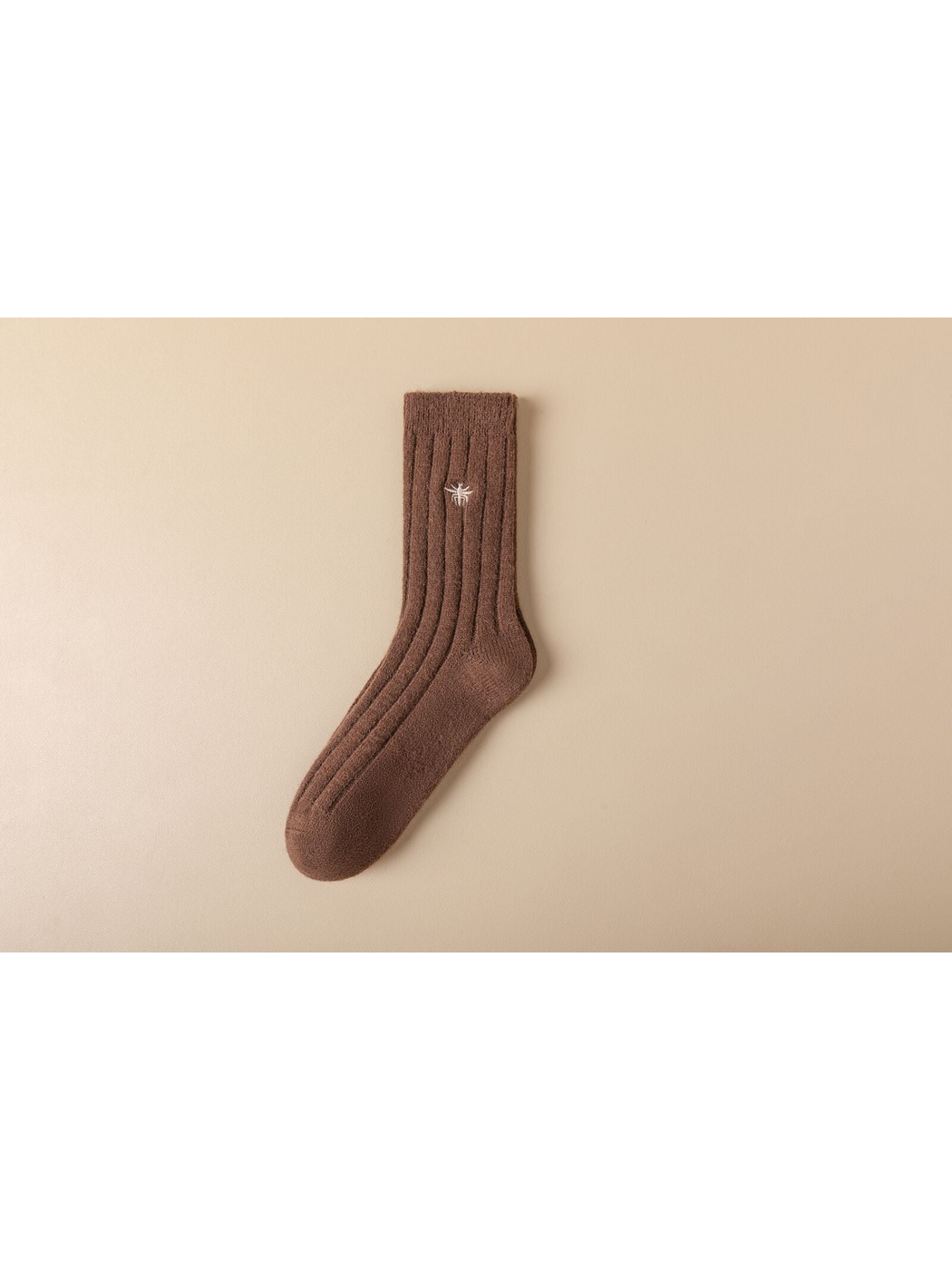 Brown ribbed crew sock with white embroidered insect motif