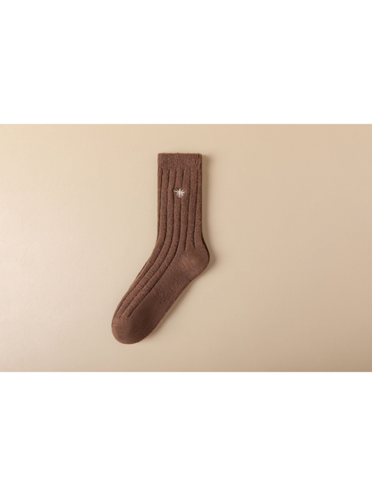 Brown ribbed crew sock with white embroidered insect motif