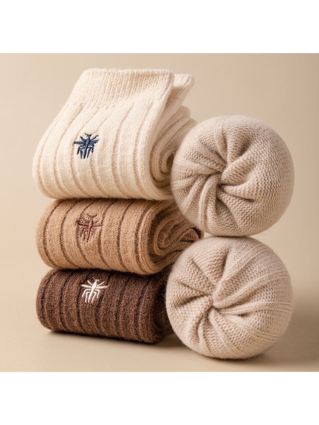 Neutral-tone ribbed socks displayed folded and rolled