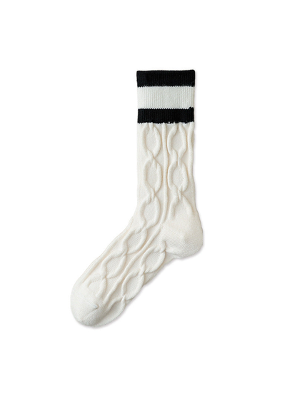 Ivory cable-knit crew sock with black striped cuff