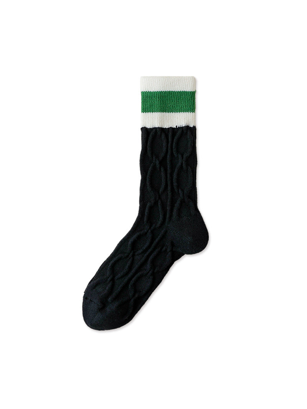 Black cable-knit crew sock with green and ivory striped cuff