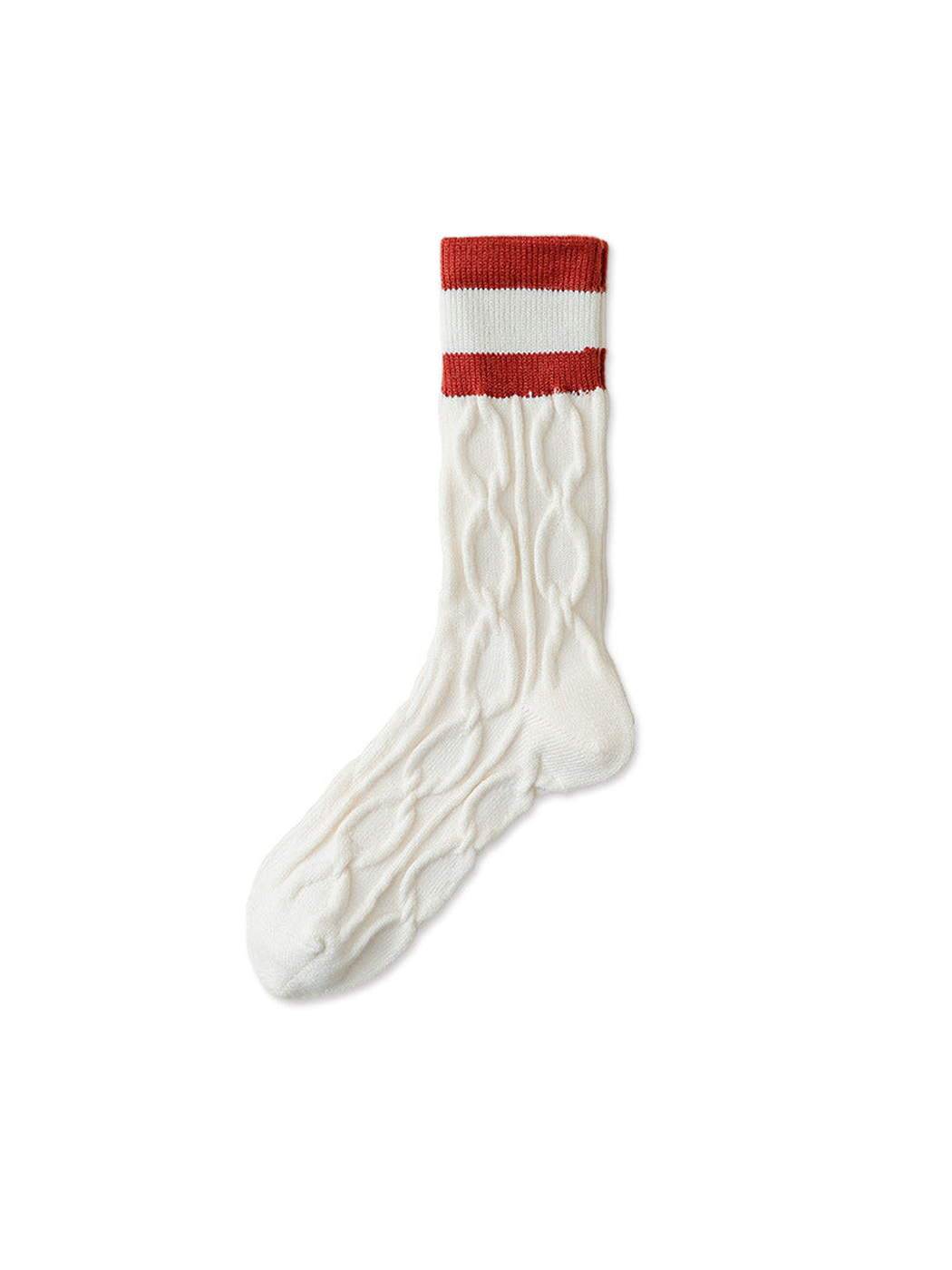 Ivory cable-knit crew sock with red striped cuff