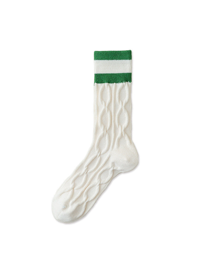 Ivory cable-knit crew sock with green striped cuff