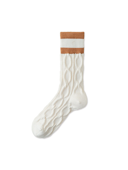 Ivory cable-knit crew sock with camel striped cuff