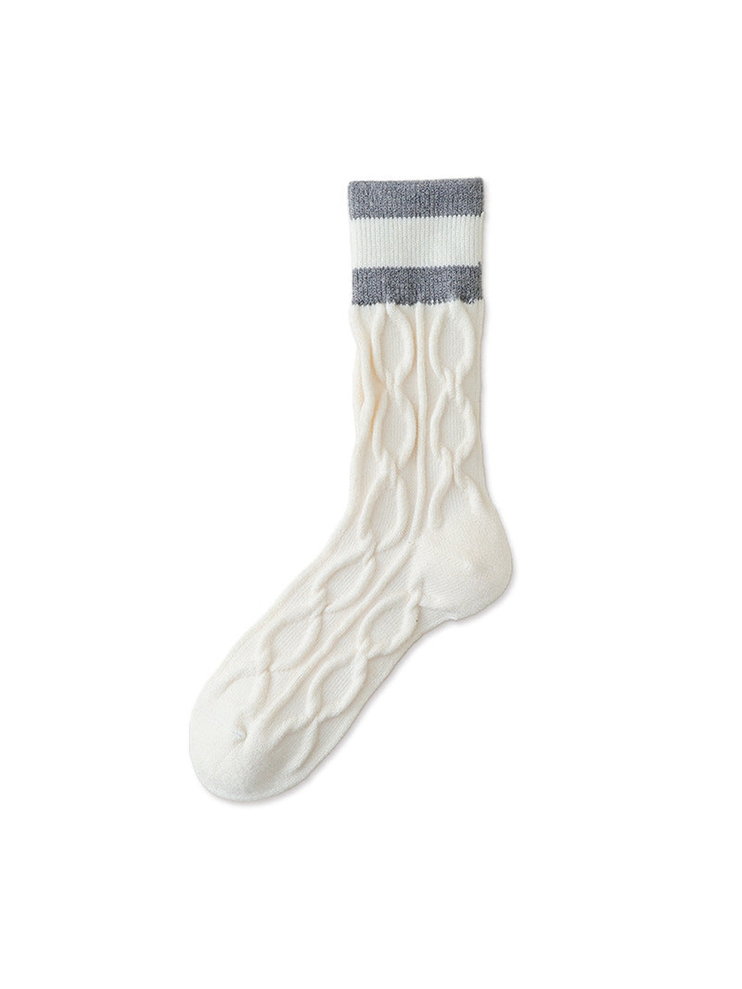 Ivory cable-knit crew sock with heather gray striped cuff